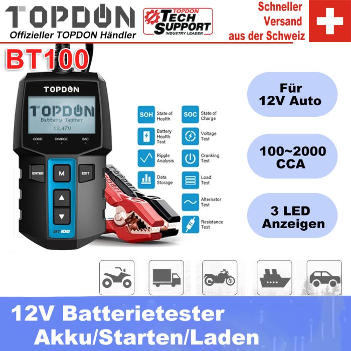 TOPDON BT100 Car Battery Tester 12V 100-2000 CCA Digital Auto Battery  Analyzer for Car Truck