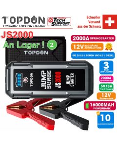 TOPDON JS2000 2000A 12V Testeur de batterie de démarrage de voiture avec banque d'alimentation 16000mAh